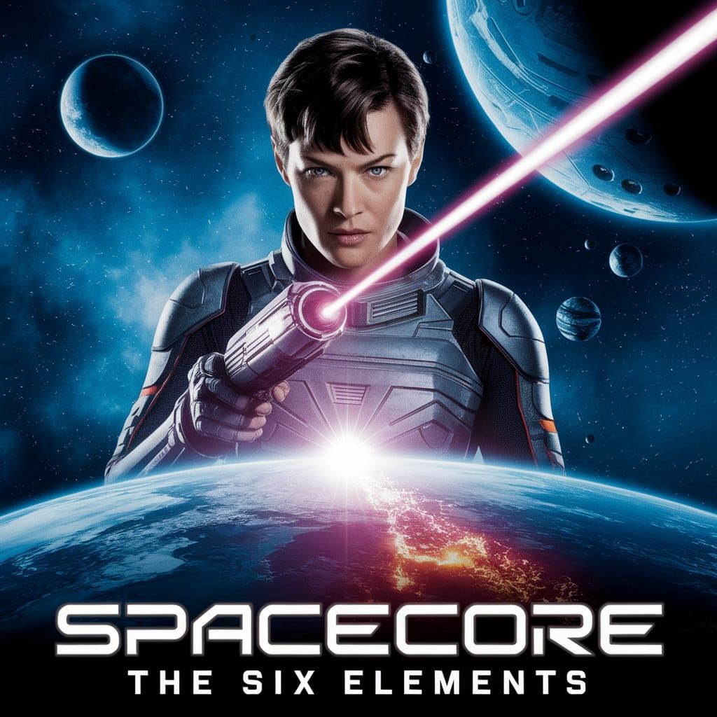 1990s sci-fi movie poster. Spacecore set on a future Earth with Milla Jovovich holding a laser weapon. The title reads "...