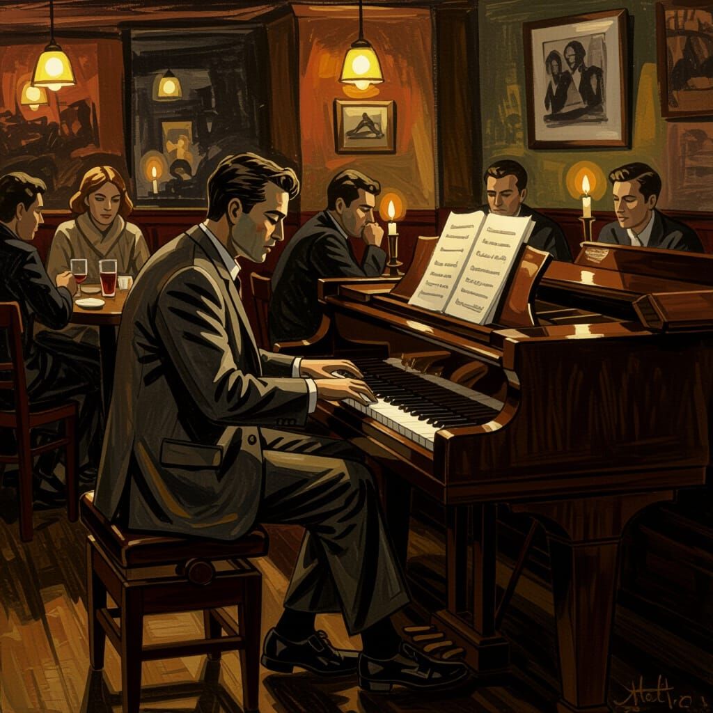 Charcoal Piano Man in Dimly Lit Pub