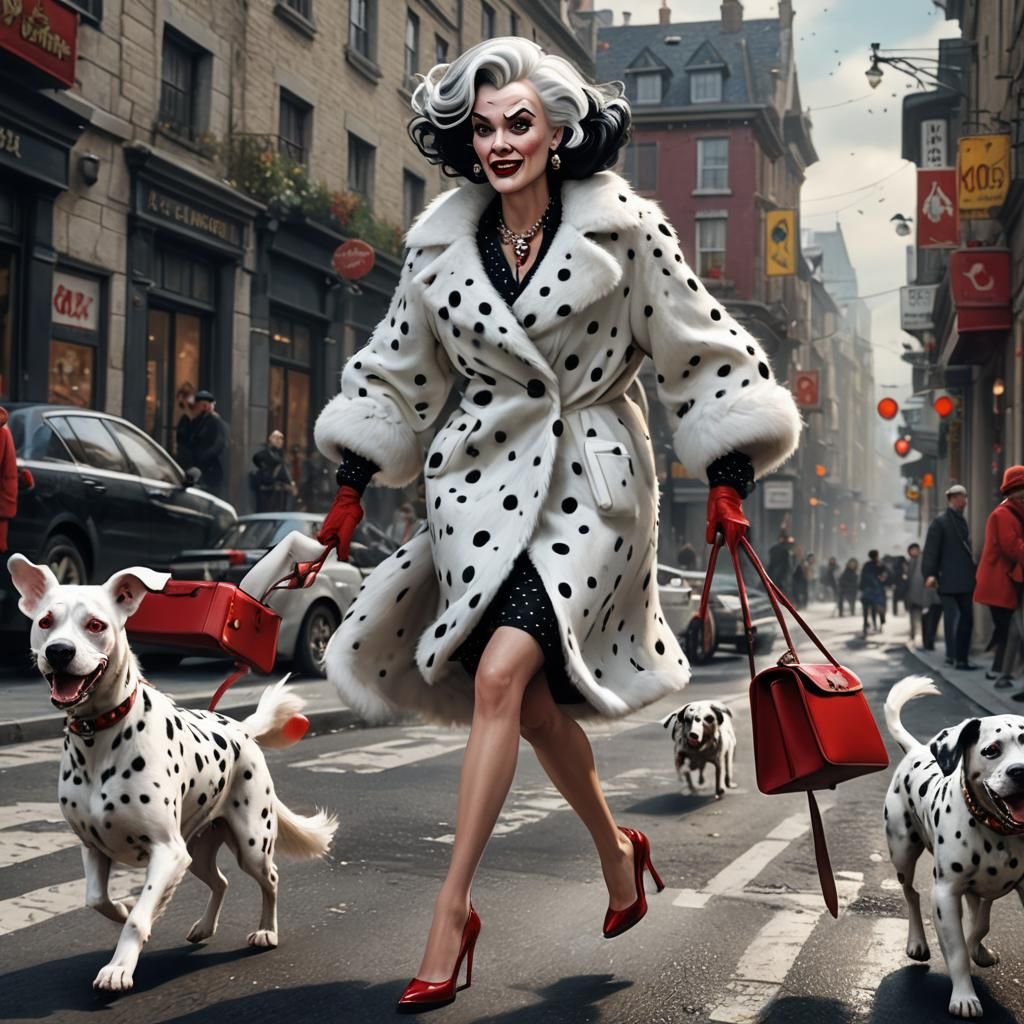 Cruella Caricature Chasing Dalmatian in Busy Street