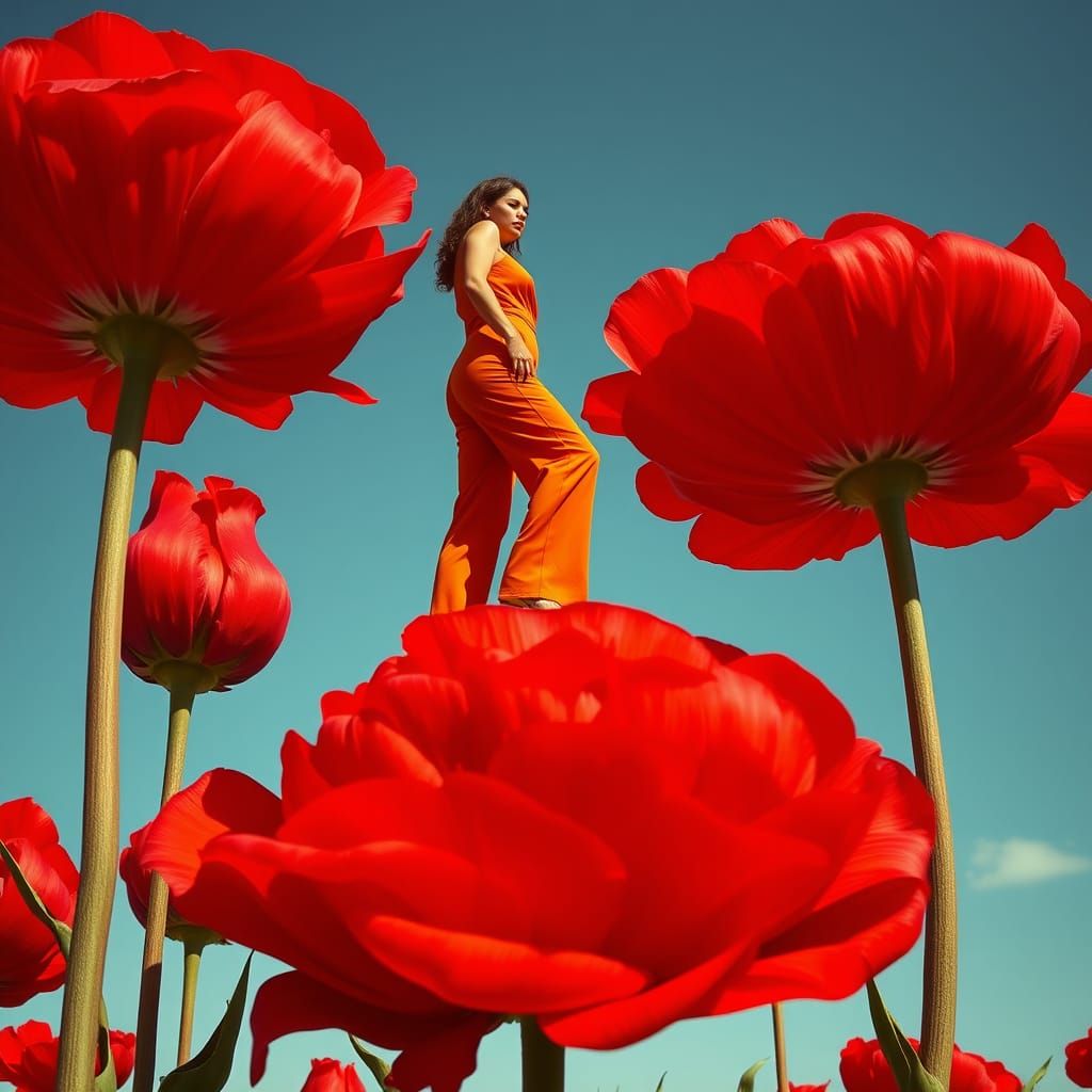 Woman Climbs Giant Red Carnations in Vibrant Orange Jumpsuit