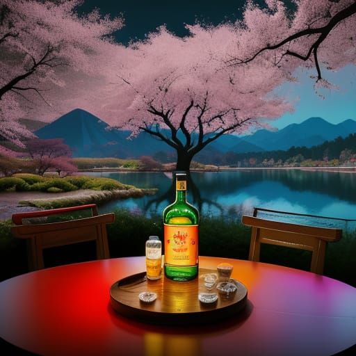 Retro Pop Art Whiskey Scene with Ancient Sakura Tree