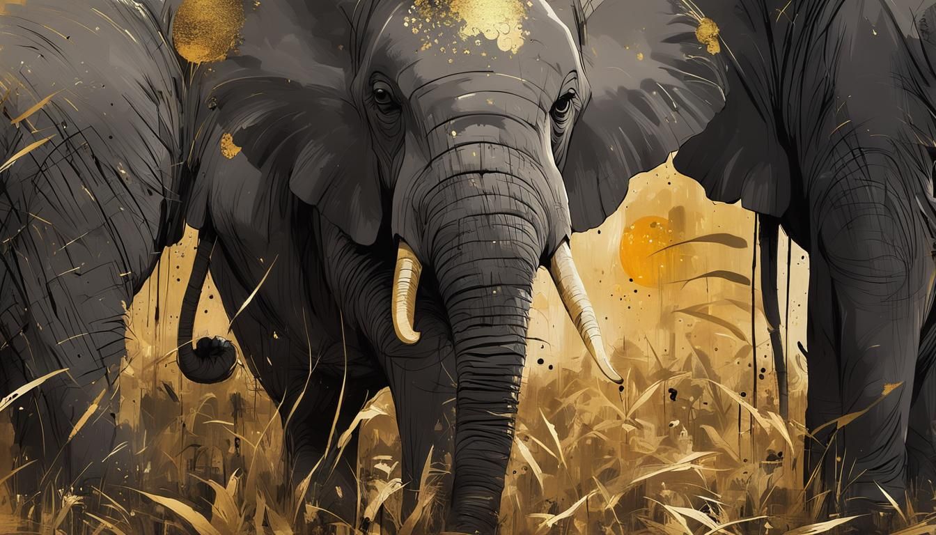 Abstract Elephant with Japanese Calligraphy in Gold