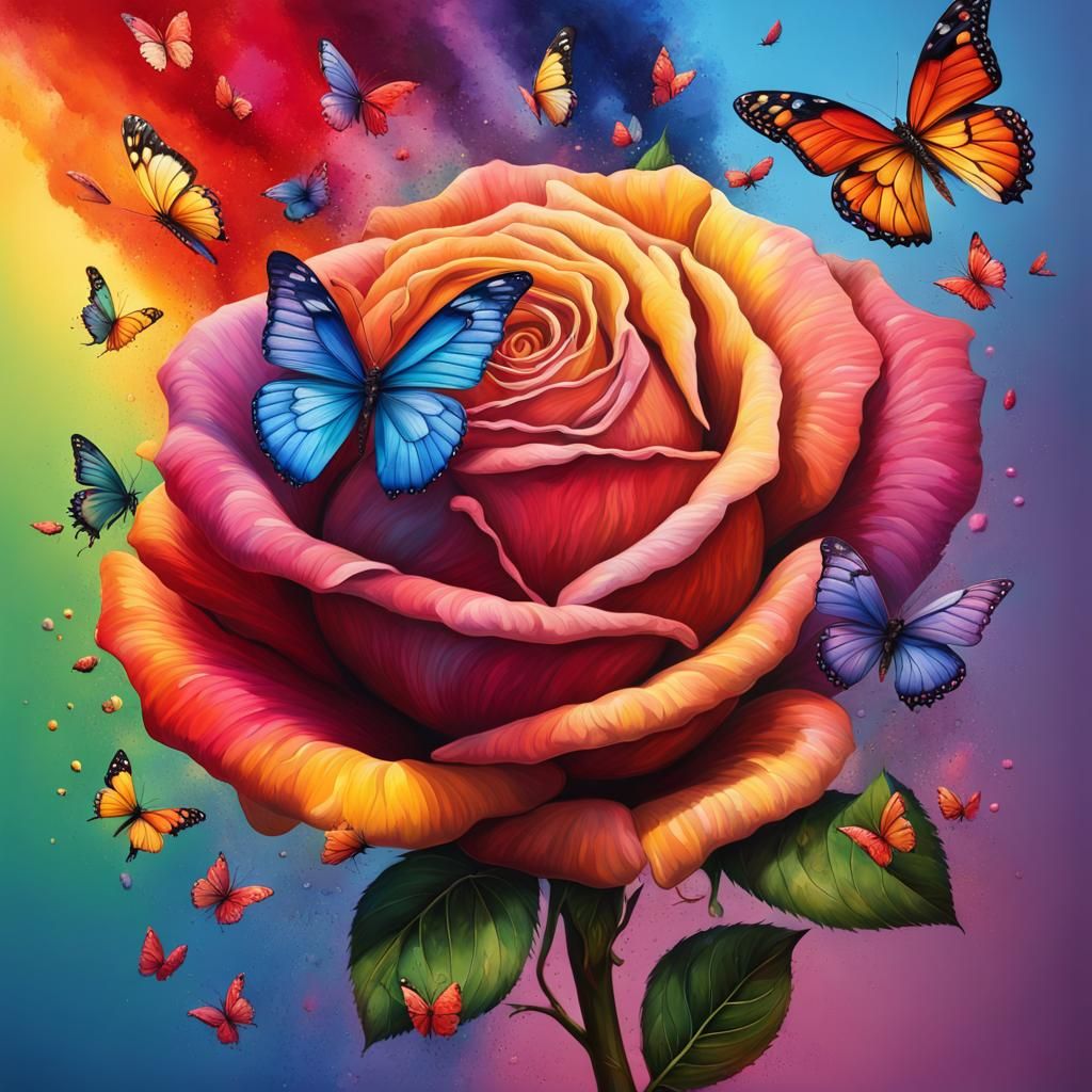 Rainbow Butterflies Adorn Giant Rose: Splash Art