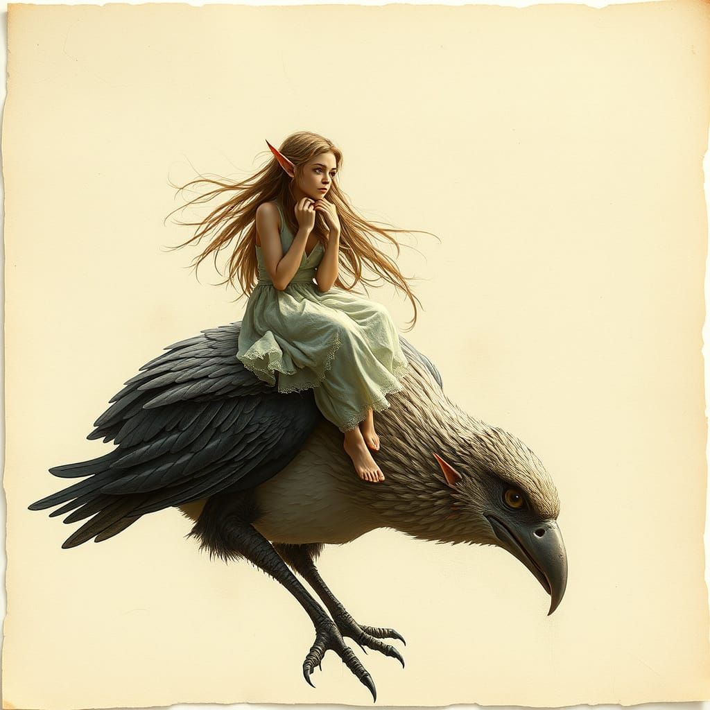 Dreamy Elf on Alien Bird: Fantasy Digital Illustration