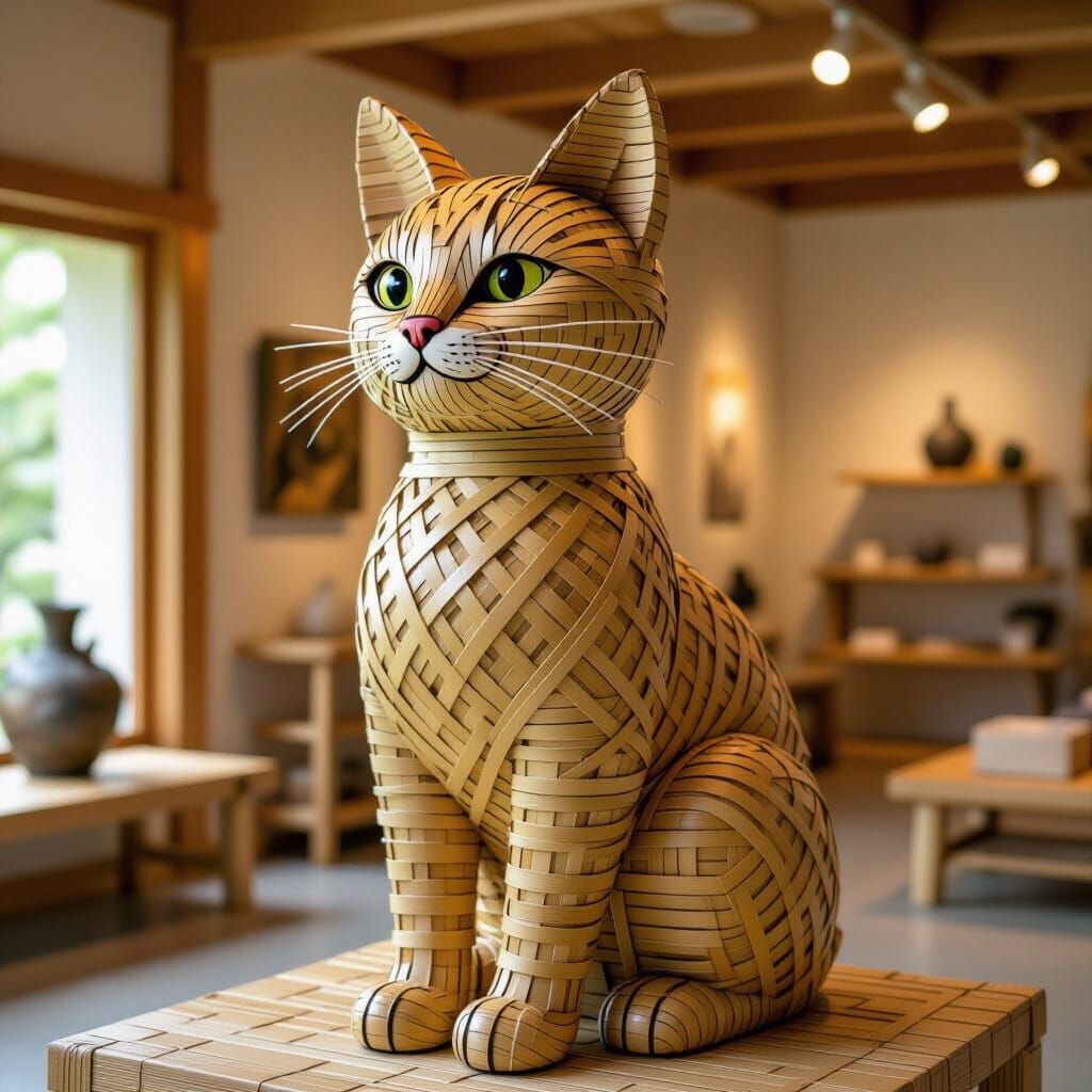 Intricate Bamboo Cat Sculpture in Arts and Crafts Style