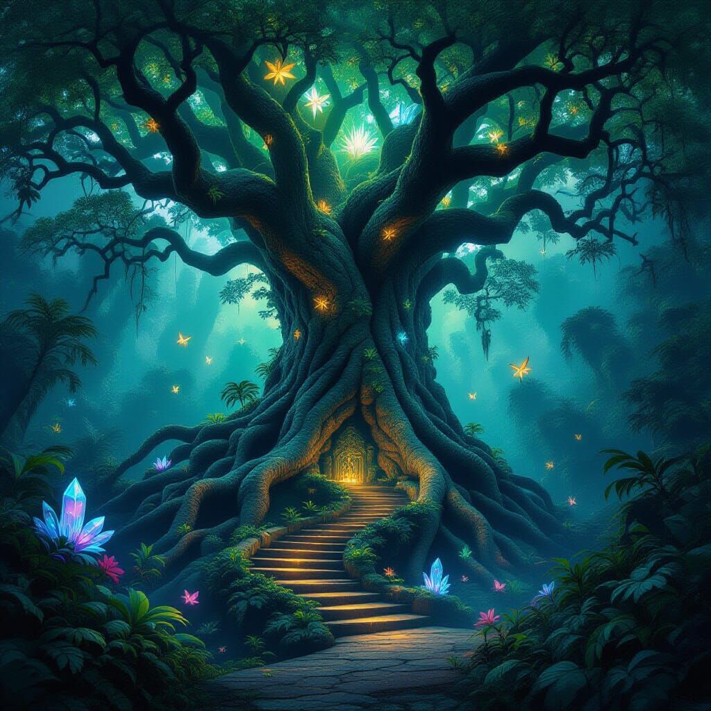 Ancient Alien Tree with Staircase Roots in Bioluminescent Ju...