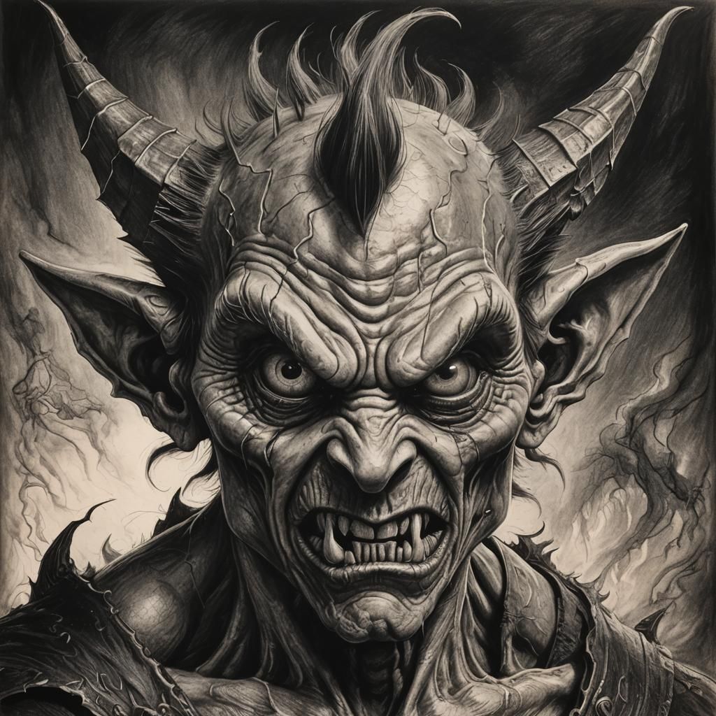 Detailed Charcoal Drawing of Evil Imp