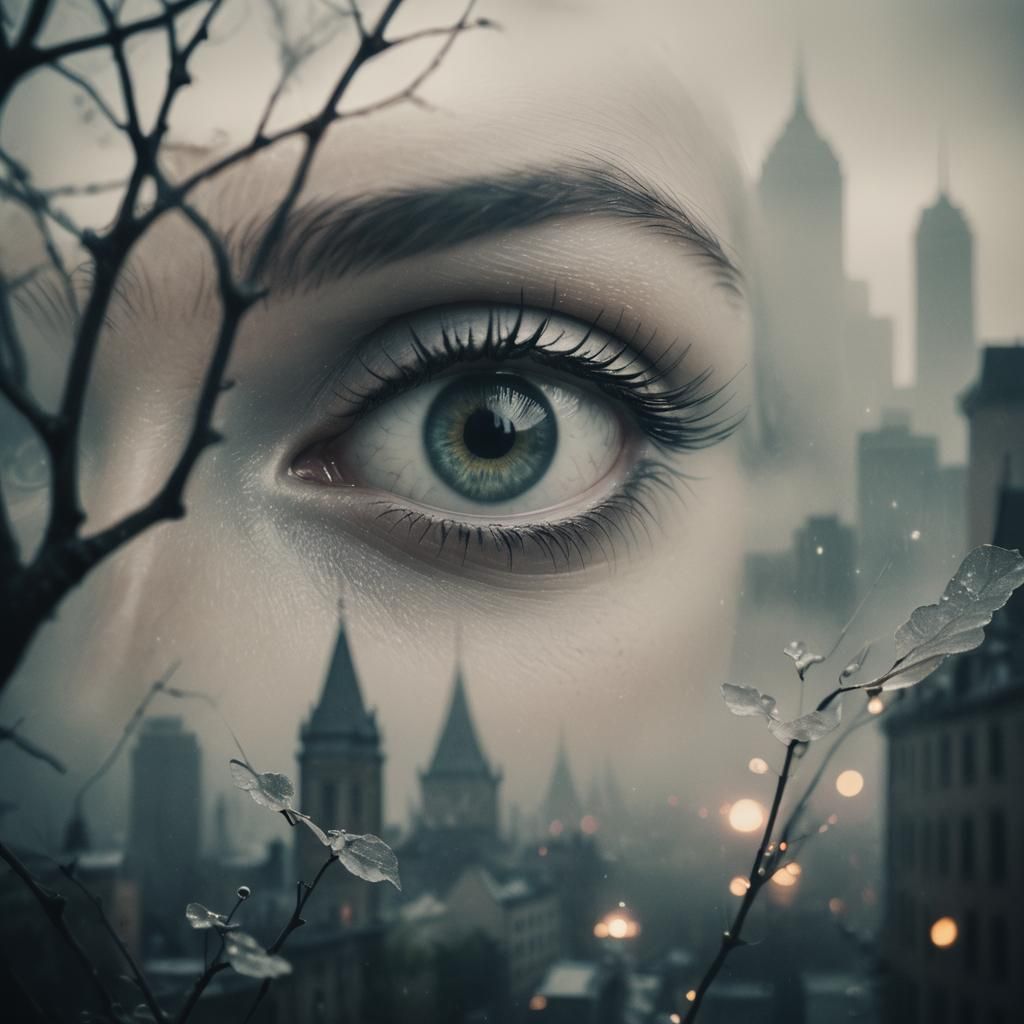 Translucent Eye Gazing at City: Surreal Vintage Photography
