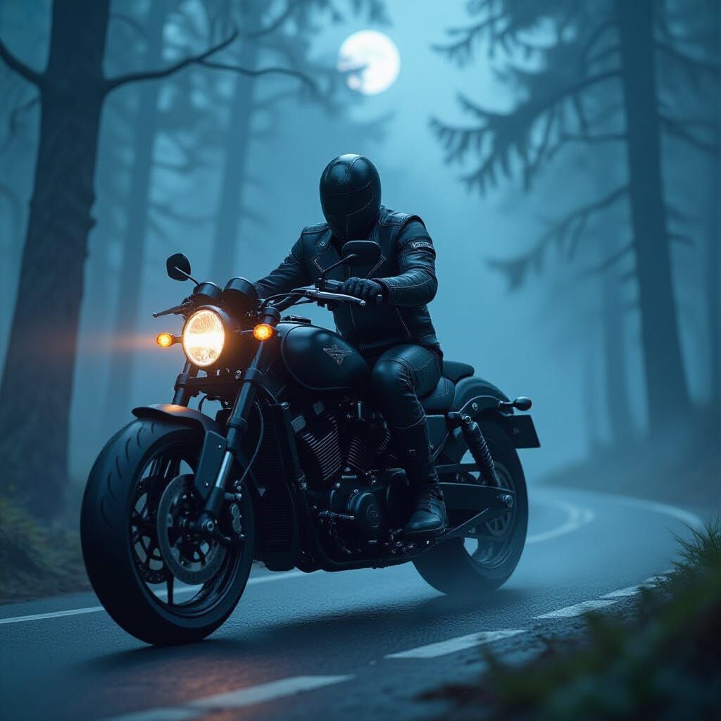 Night Rider: Gothic Cyberpunk Superbike Through Misty Forest