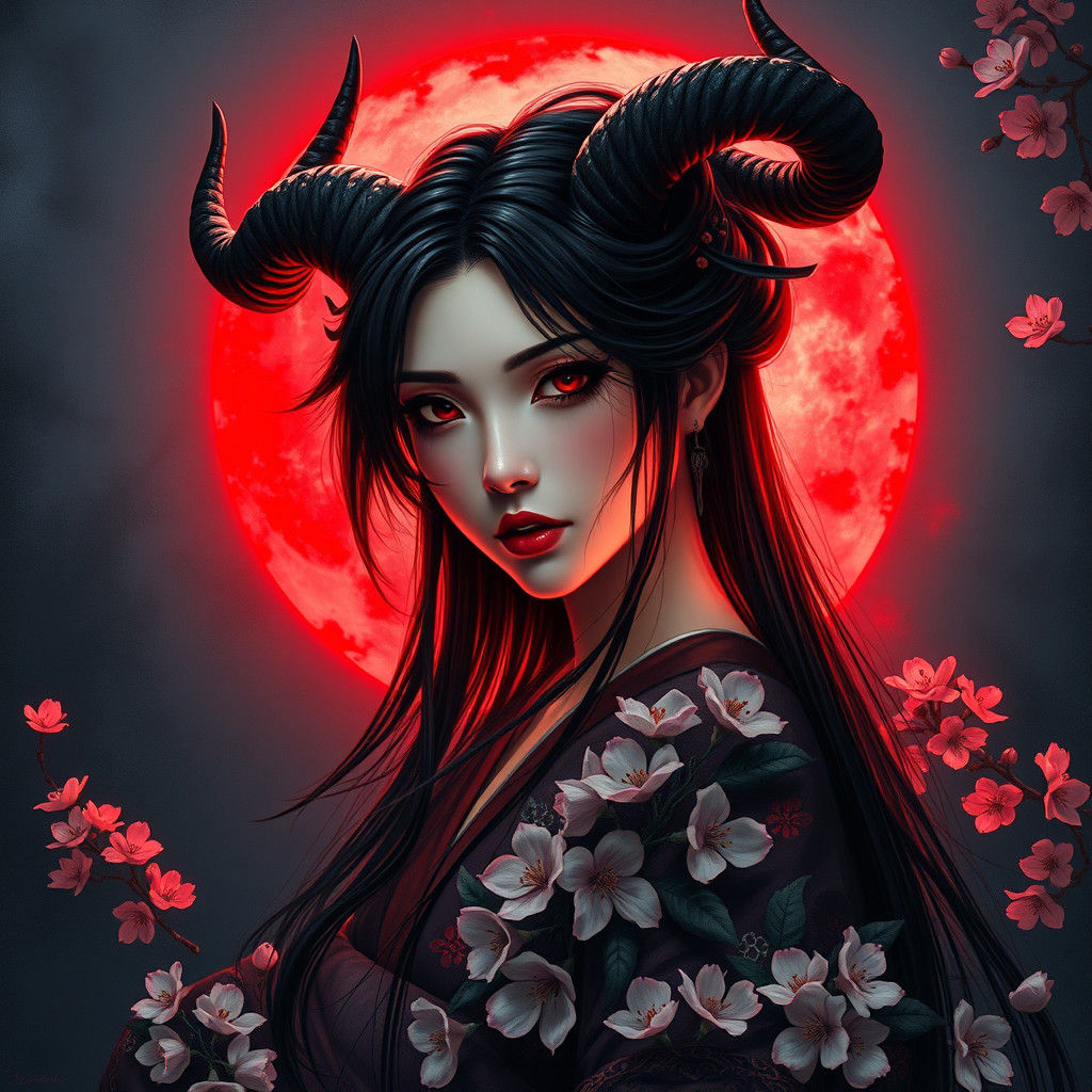 Mystical Japanese Woman with Cherry Blossoms in Art Nouveau ...