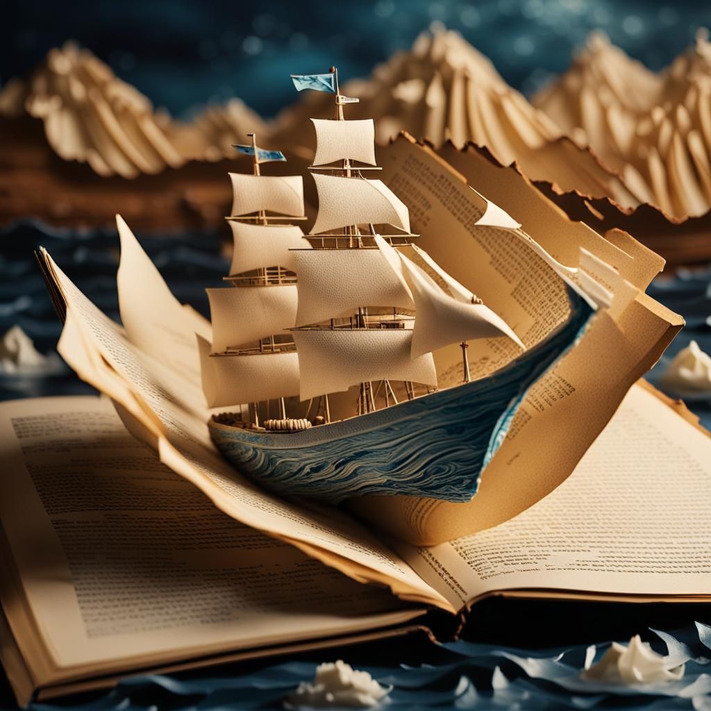Sailboat on Rough Seas Emerging from Book Pages