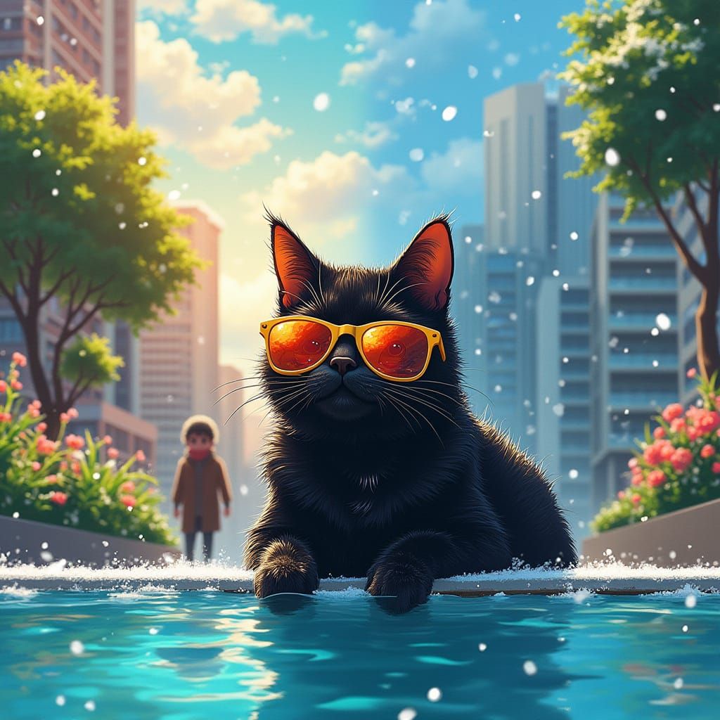 Sleek Cat in Sunglasses Amidst Winter-Summer Cityscape