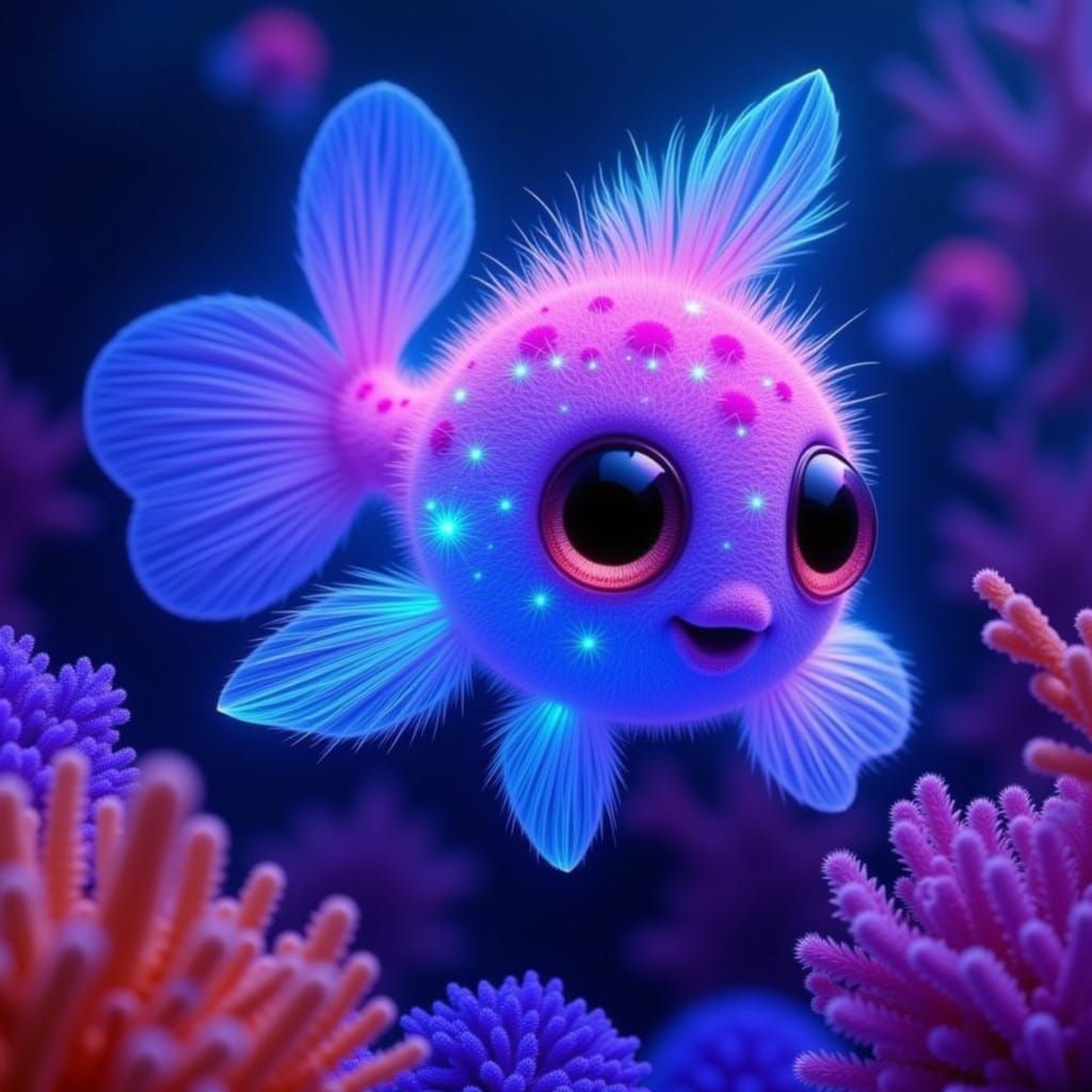Whimsical Flarfy Fluffy Fishy in Neon Coral Reef