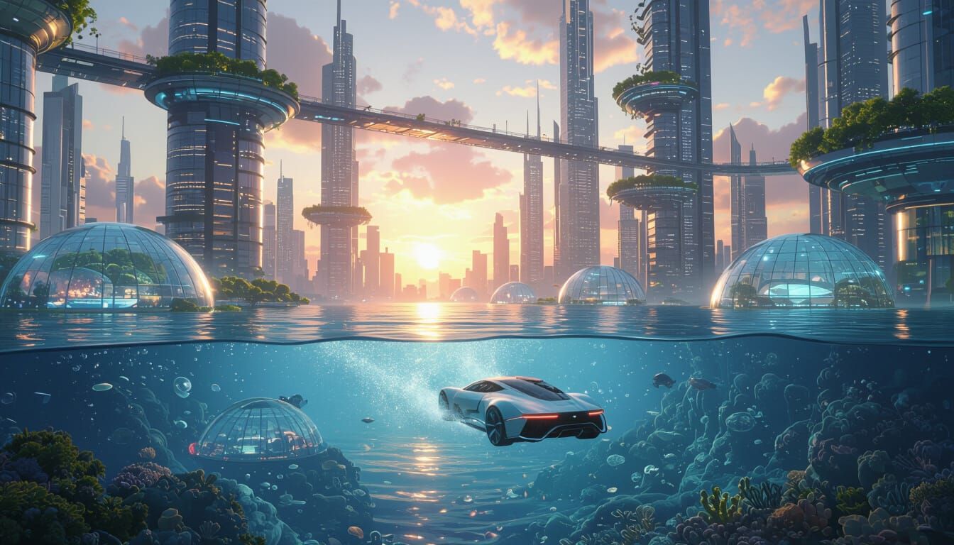 Futuristic Cityscape Car Underwater in Photorealistic Style