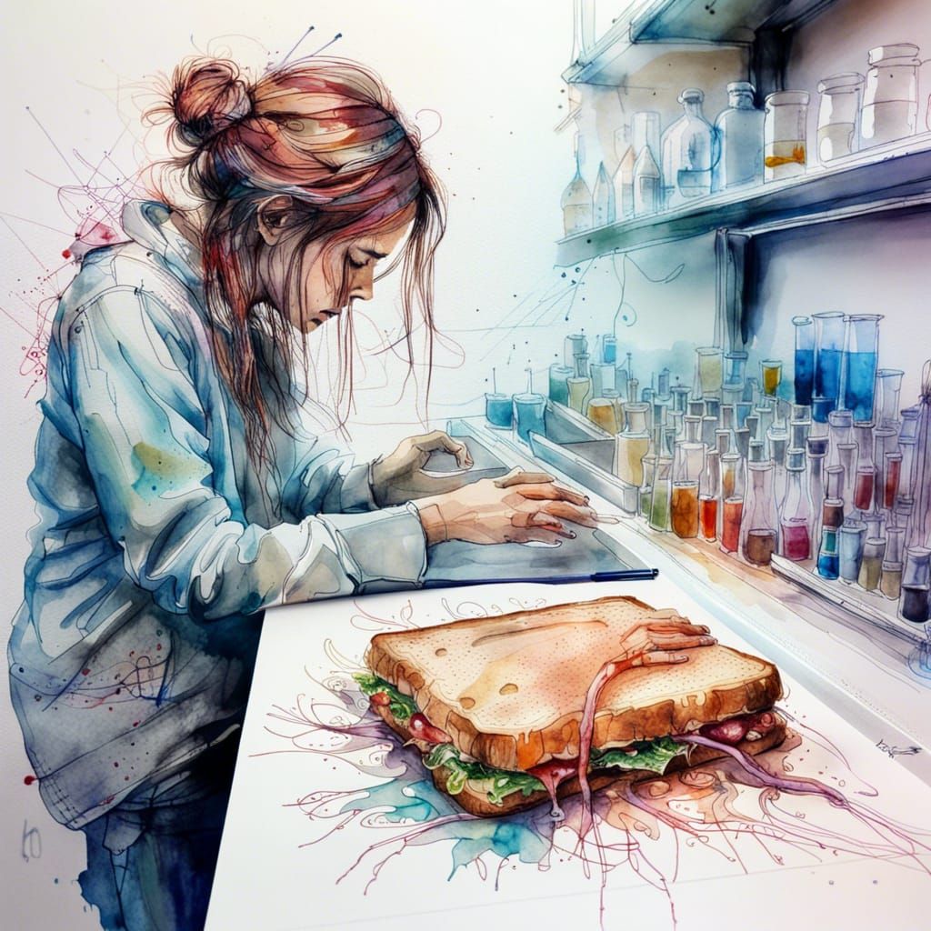 Invisible Sandwich in Chemistry Lab, Watercolor Illustration