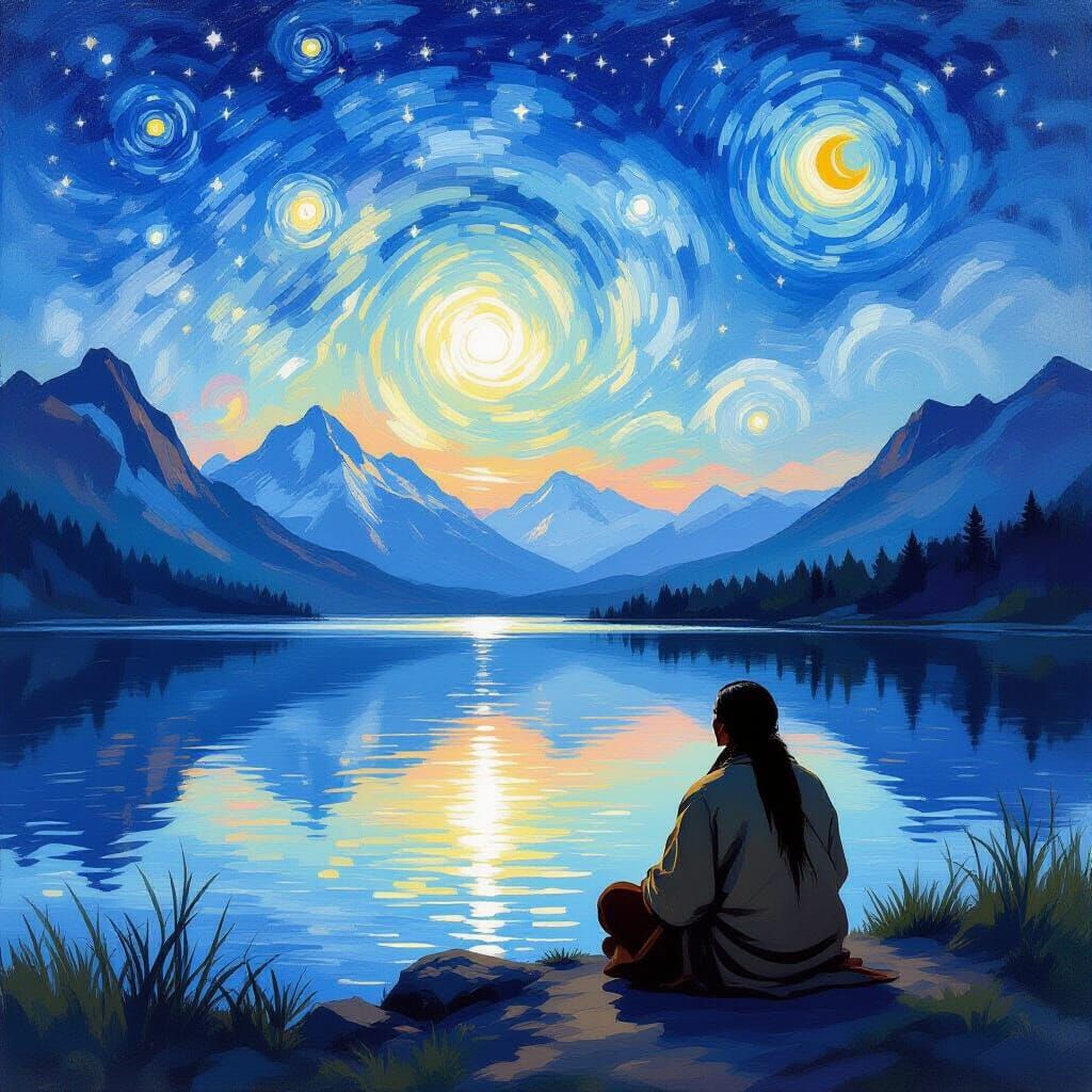 Shaman Meditating Under Starry Sky as Impressionist Painting