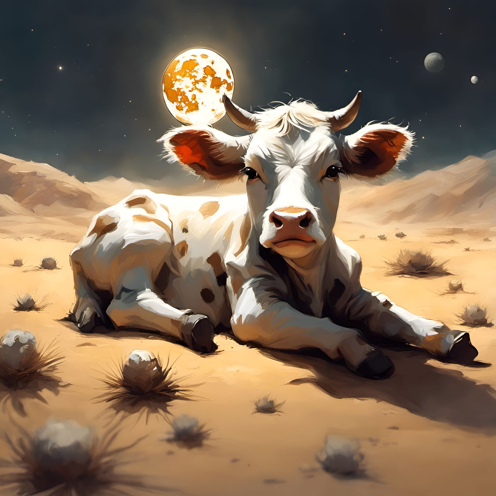 Anthropomorphic Cow Asleep on the Moon, 3D Render