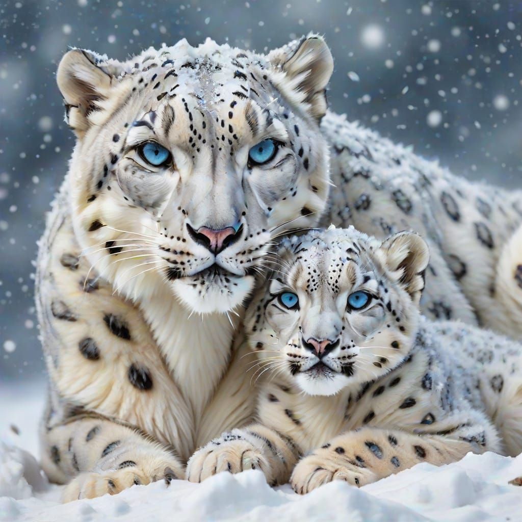 Motherly Snow Leopard in Winter Wonderland