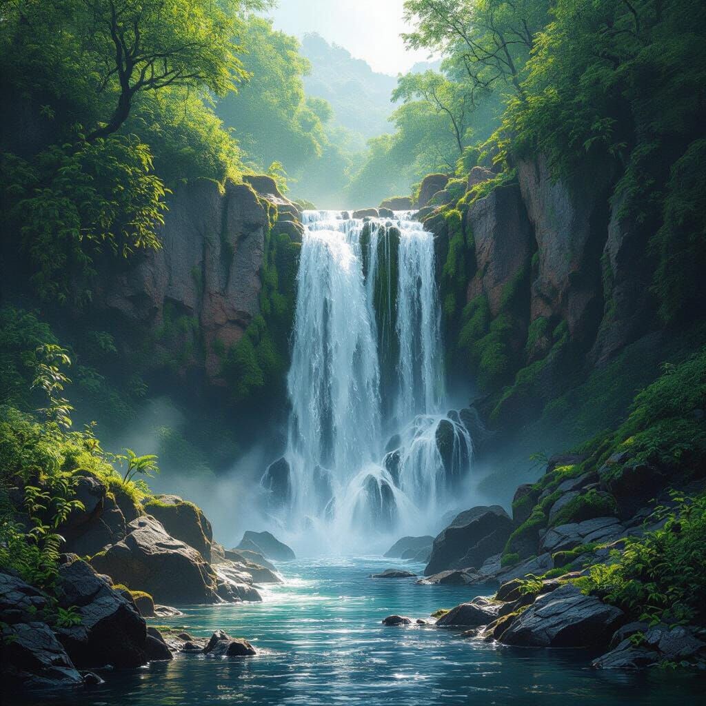 Photorealistic Waterfall in Lush Greenery