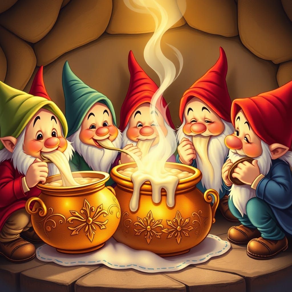 Seven Dwarfs Enjoying Magical Porridge in Storybook Style