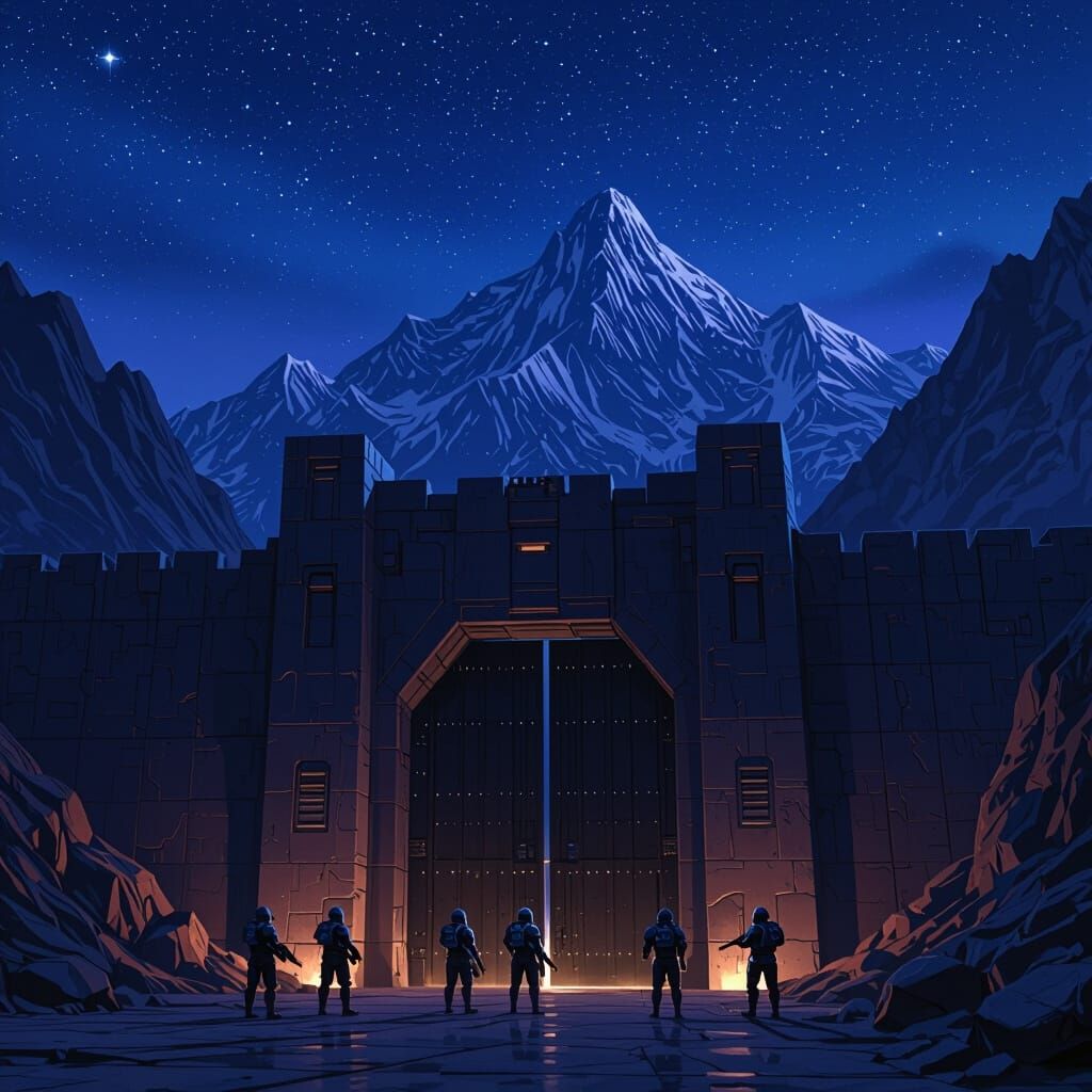 Futuristic Obsidian Fortress Under Starry Dystopian Sky