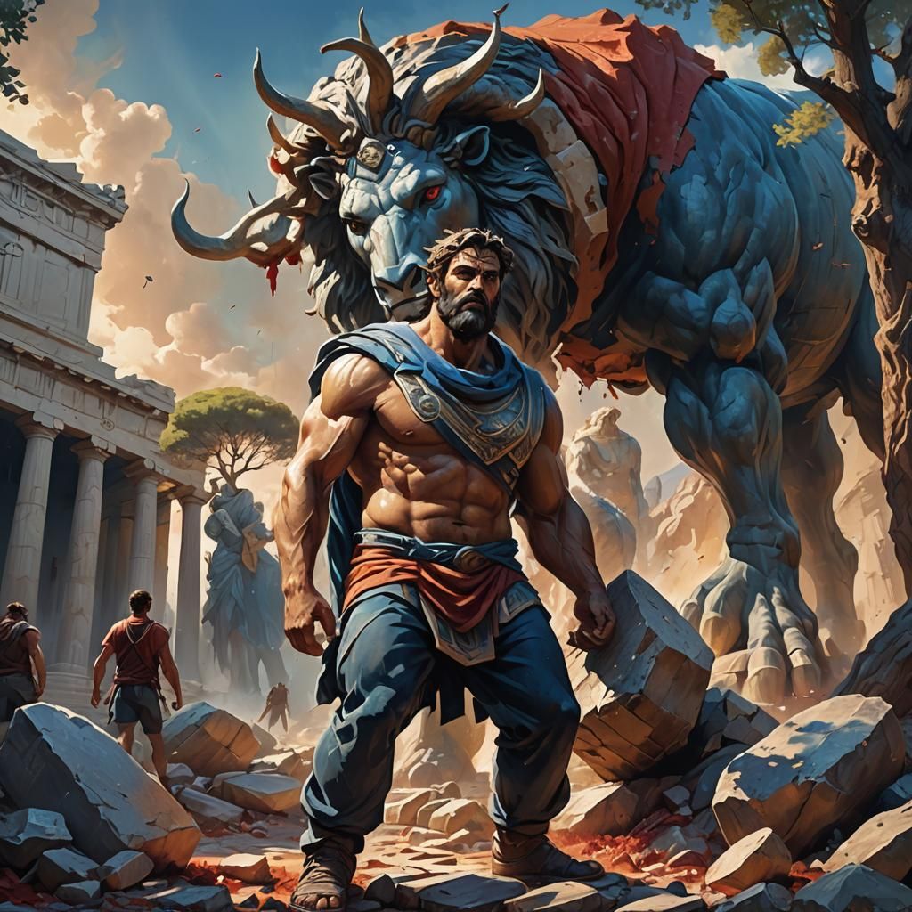Stoic God Statue and Burdened Worker: Fantasy Art