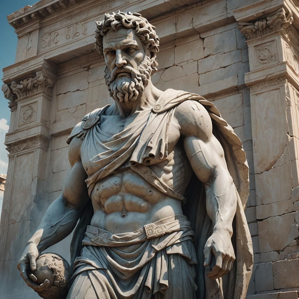 Greek God Statue Overlooks Injured Stone Carrier