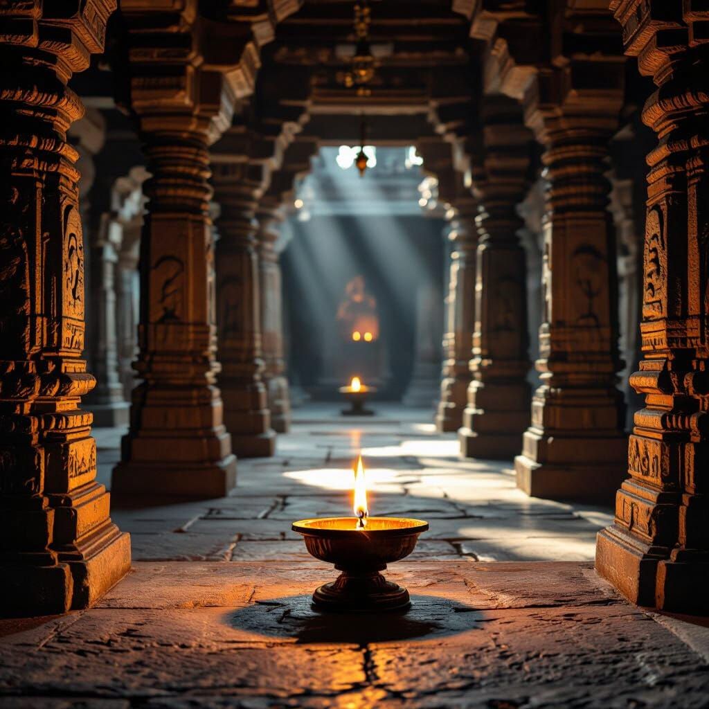 Ancient Indian Temple Interior Lit by Diya Lamp