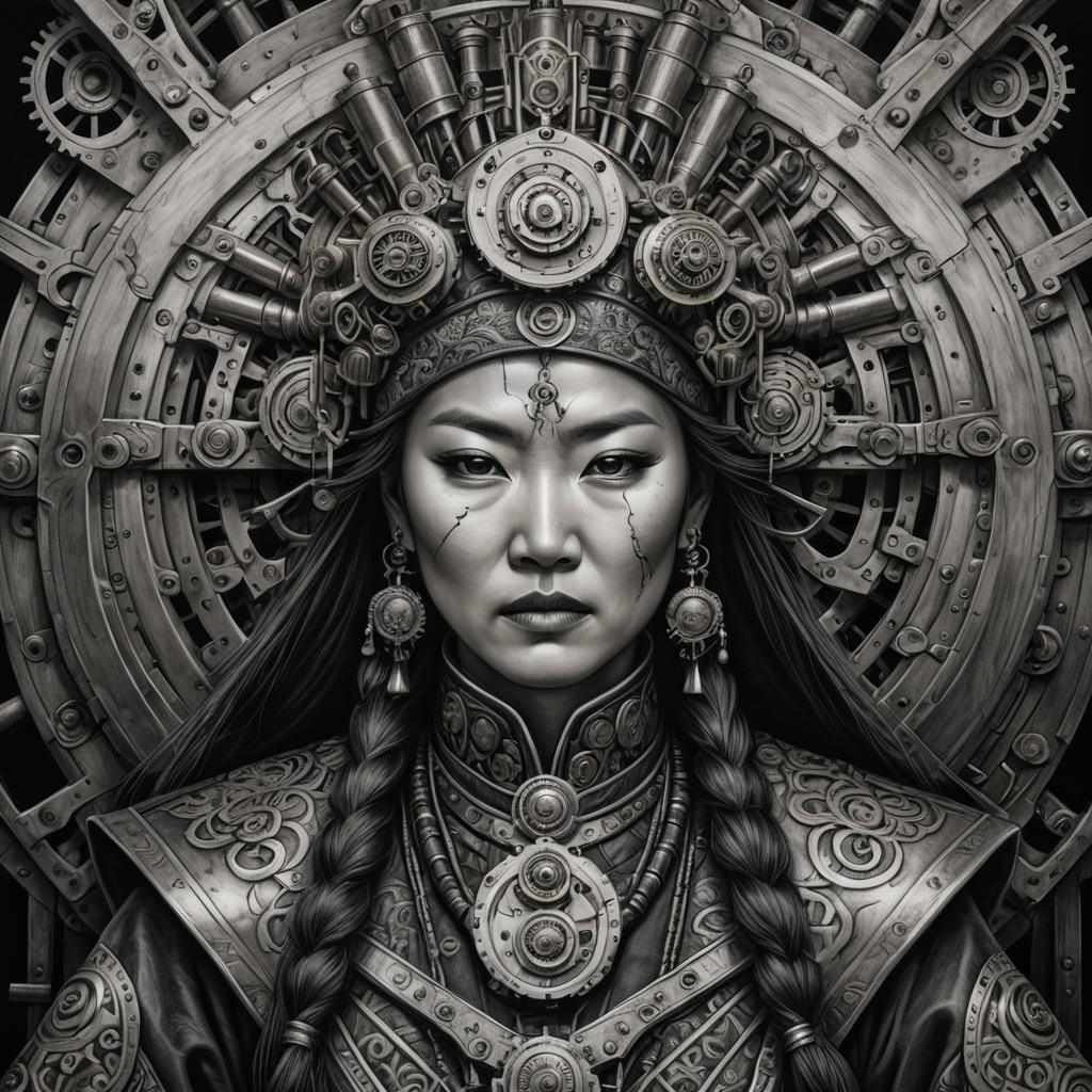 Mongolian Queen: Hyperdetailed Steampunk Charcoal Portrait