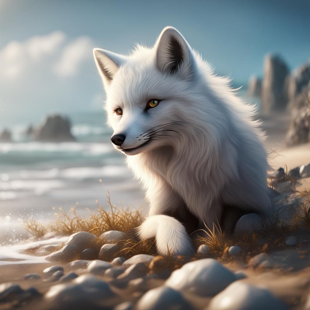 Arctic Fox Frolics on a Tropical Beach