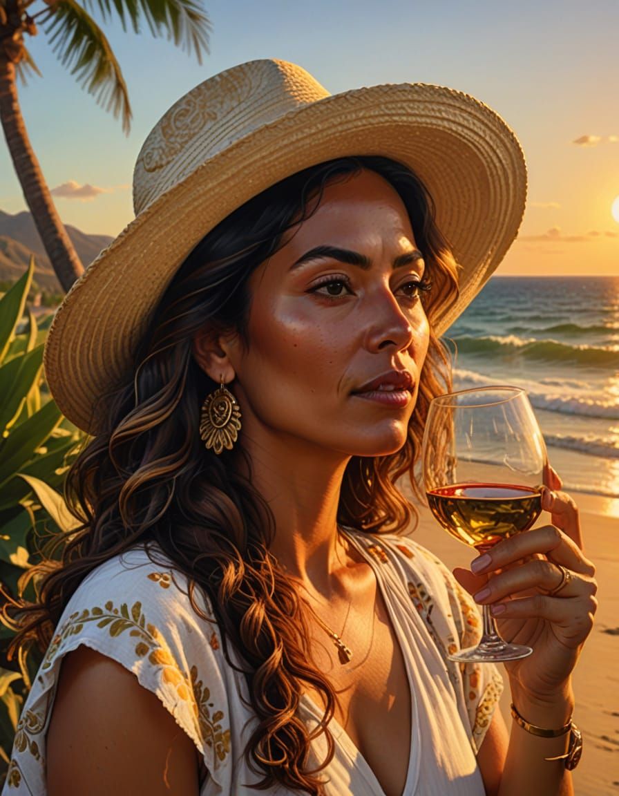 Mexican Woman Drinks Wine on Beach in Oil Painting Style