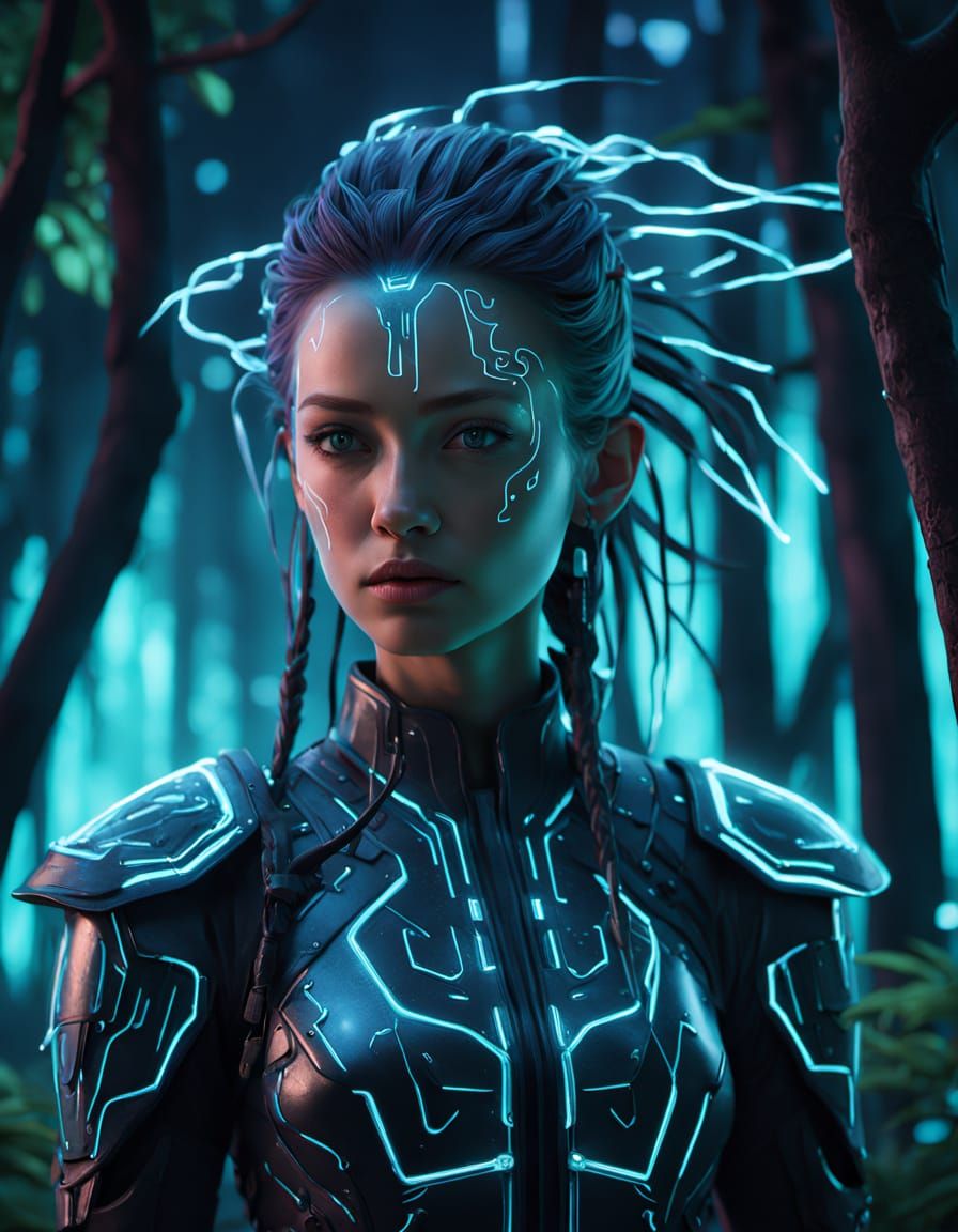 Cyberpunk Techno-Shaman in Neon Forest Digital Painting