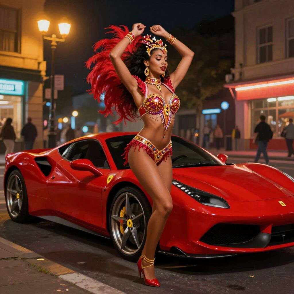 Samba Dancer and Red Ferrari at Night