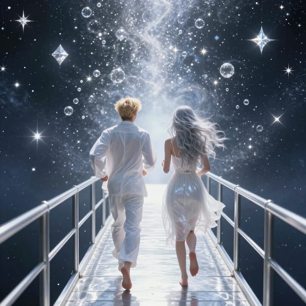 Surreal Couple Runs Towards Infinity on Starry Bridge
