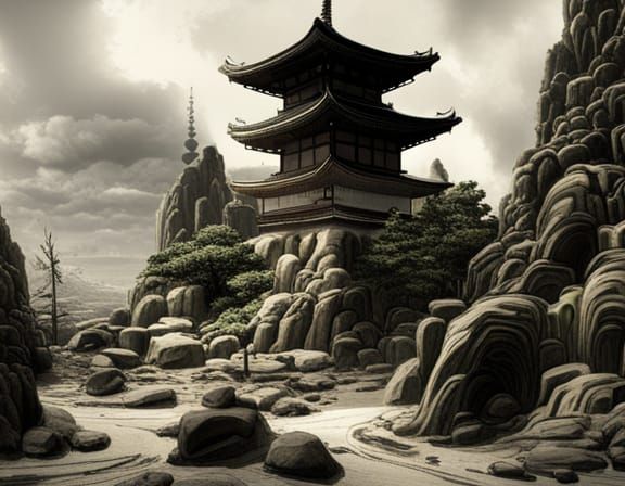 Ancient Japanese Temple with Samurai Katana