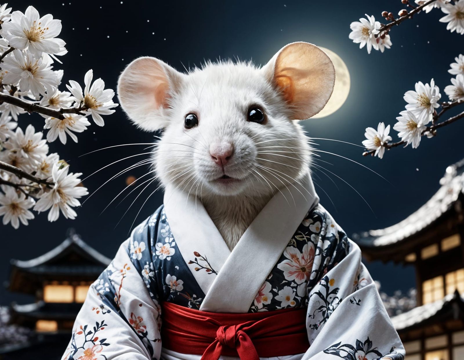 Adorable Rat Geisha in Zen Sakura Garden Under Full Moon