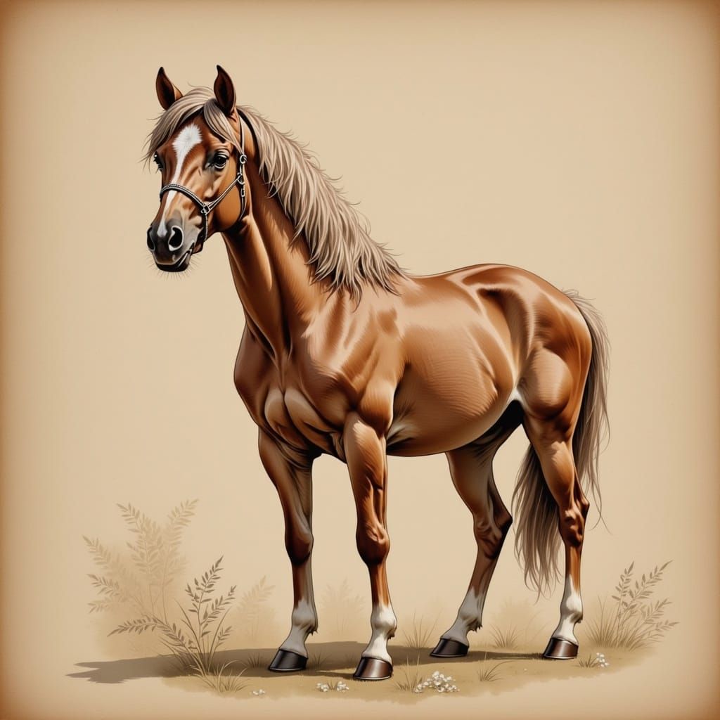 Miniature Chestnut Horse with Garland in Dreamy Illustration