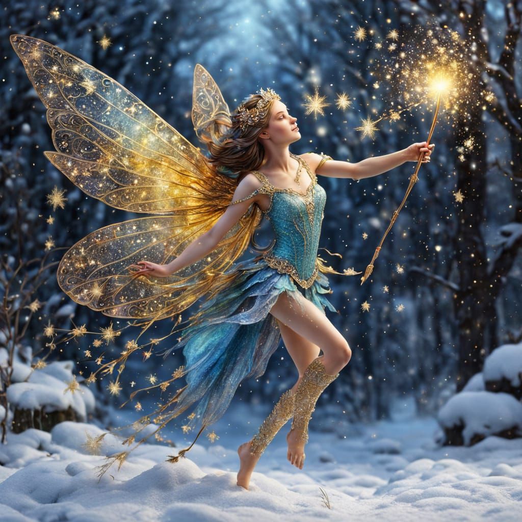 Fairy Transforms Snow into Gold Dust in Hyperrealistic Style