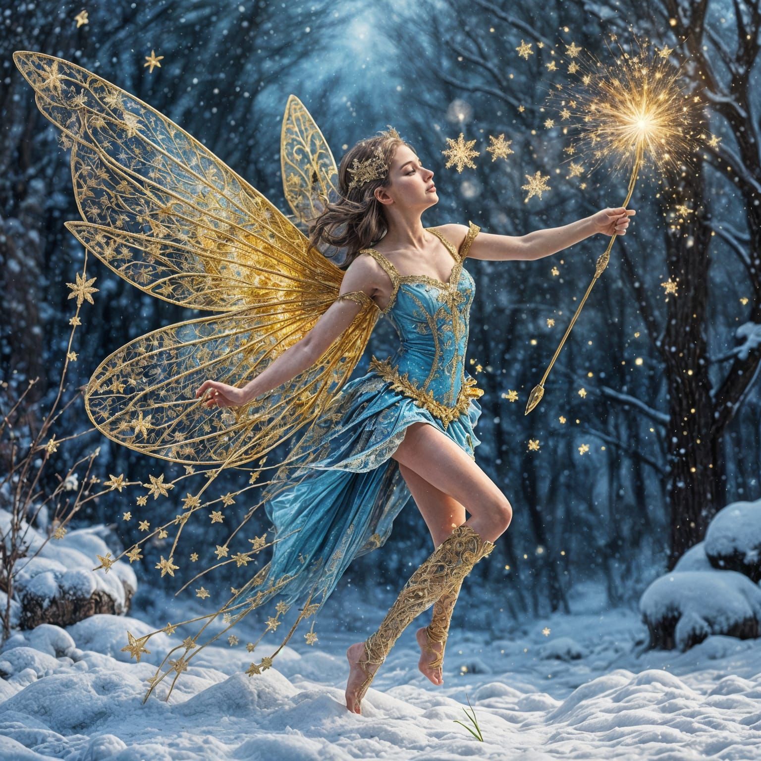 Fairy Transforms Snow into Gold Dust in Hyperrealistic Style