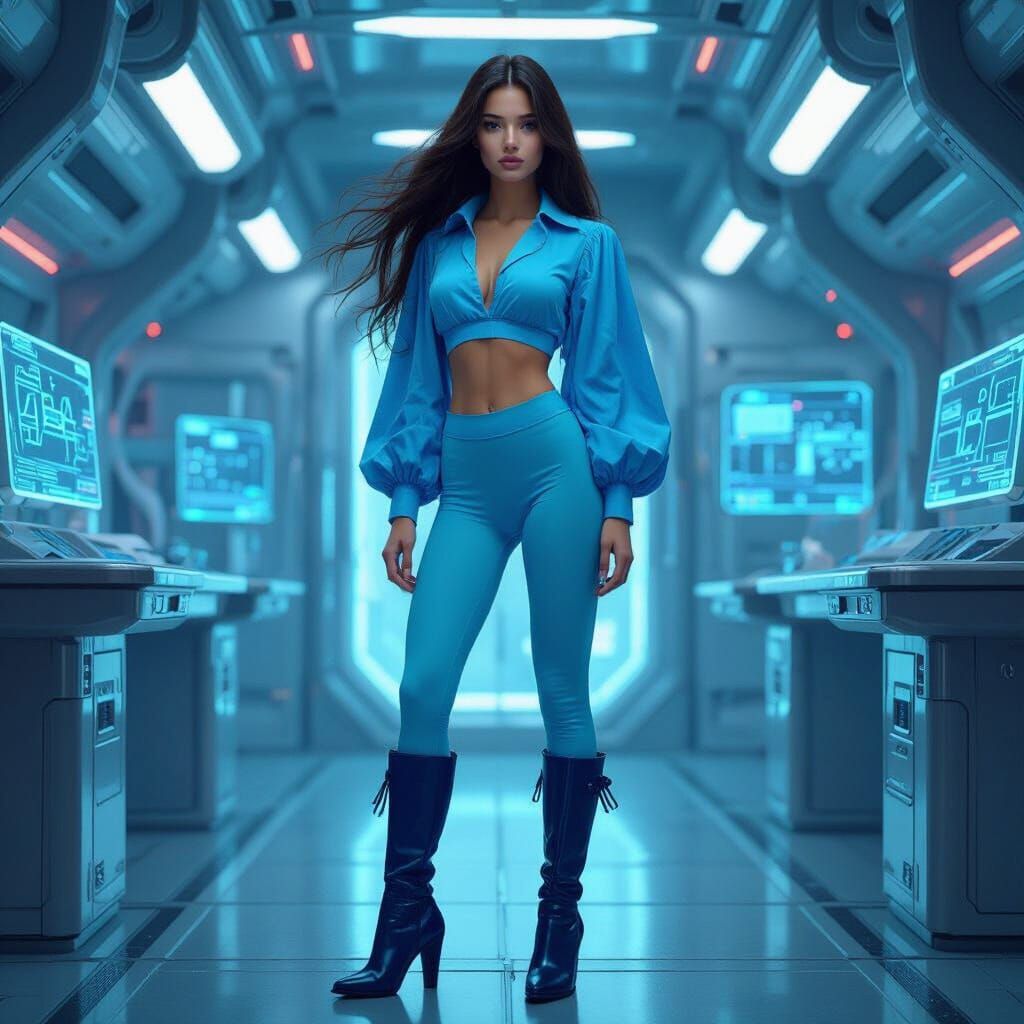 Woman in Futuristic Lab with Flowing Hair