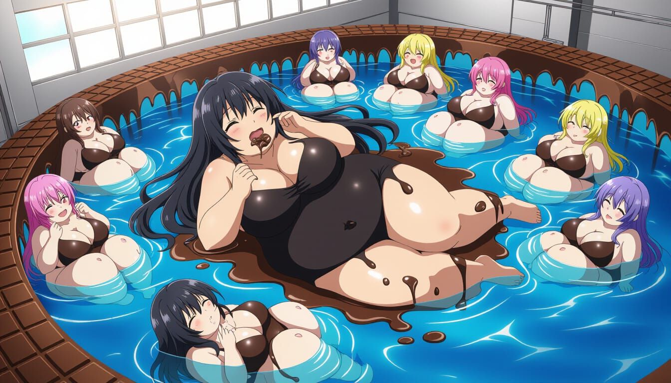 Obese Anime Girl Eating Chocolate in Chocolate Ocean