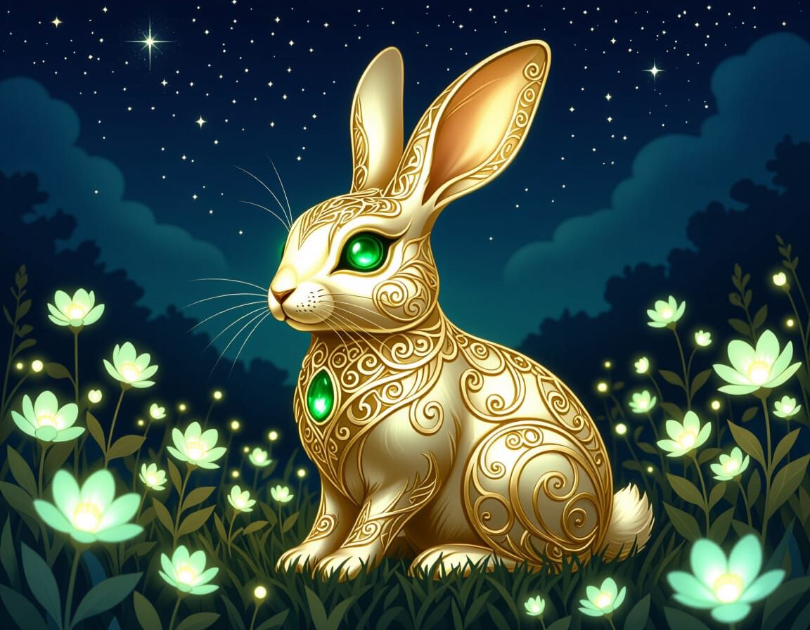Golden Rabbit with Emerald Eyes in Bioluminescent Field