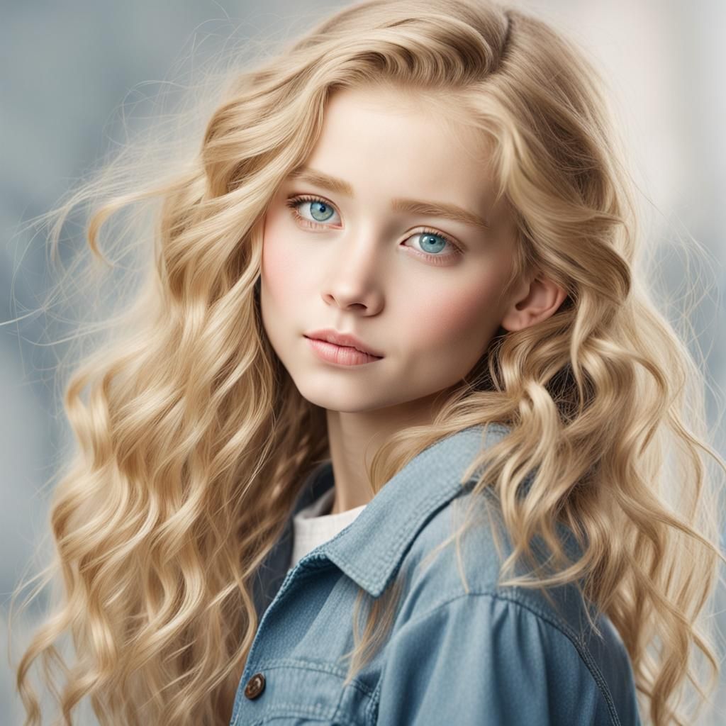 Blonde Girl with Blue Eyes and Wavy Hair