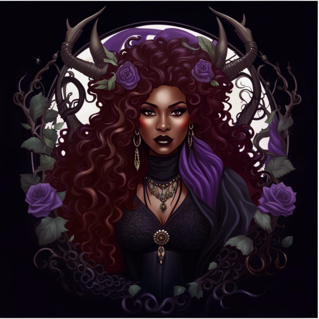Voluptuous Black Witch with Rose Wreath