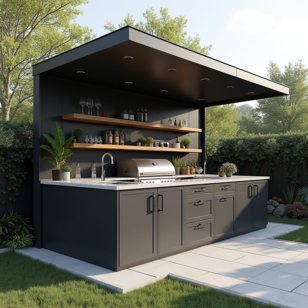 Modern Outdoor Kitchen with BBQ Grill: 3D Render