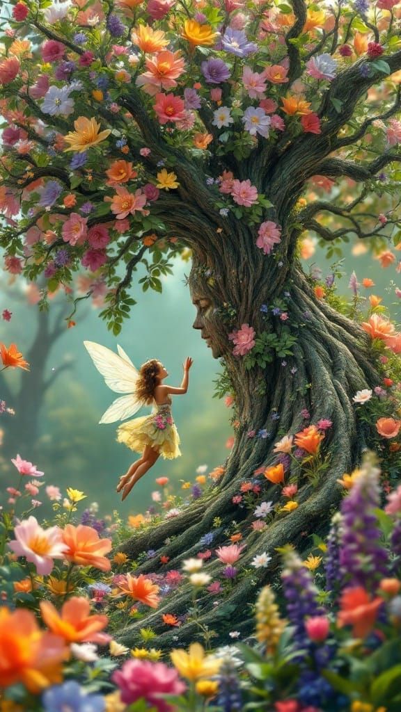 Tree Goddess with Fairy Companion in Vibrant Floral Landscap...