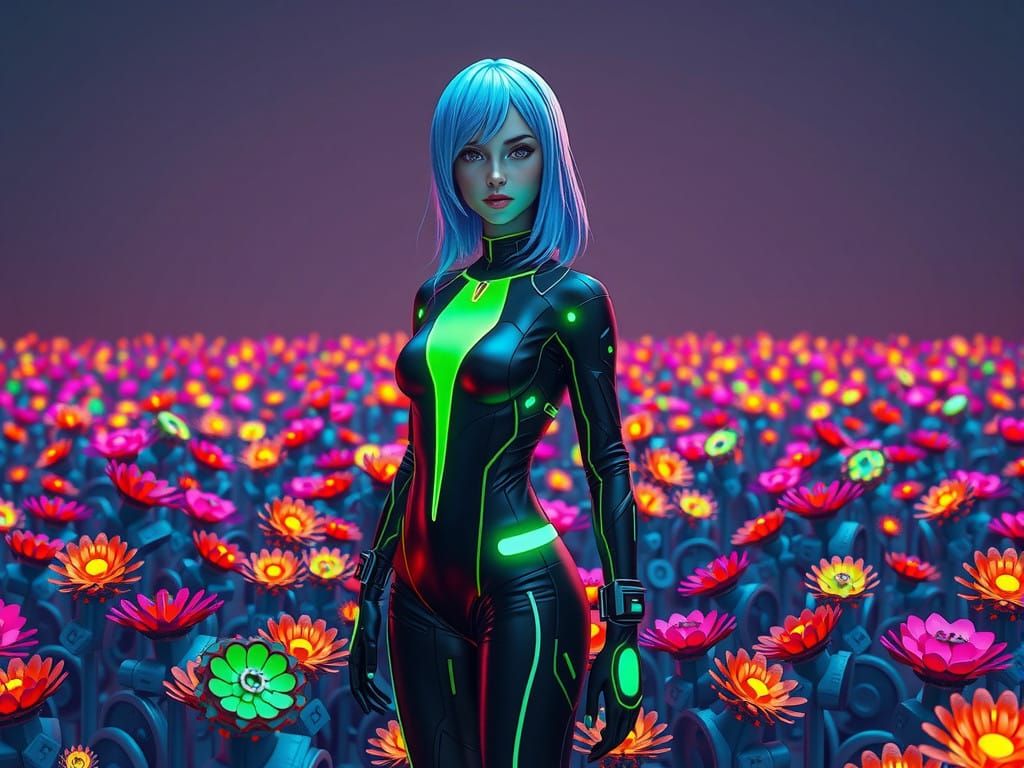 Cyberpunk Goddess in a Neon Floral Garden of Buttons