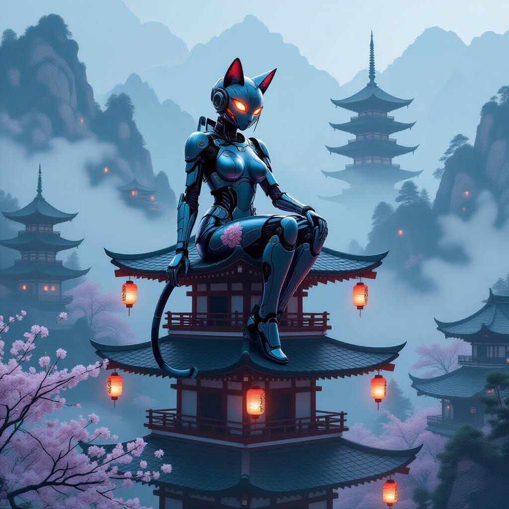 A surreal cyborg ninja catgirl perched atop a towering pagod...
