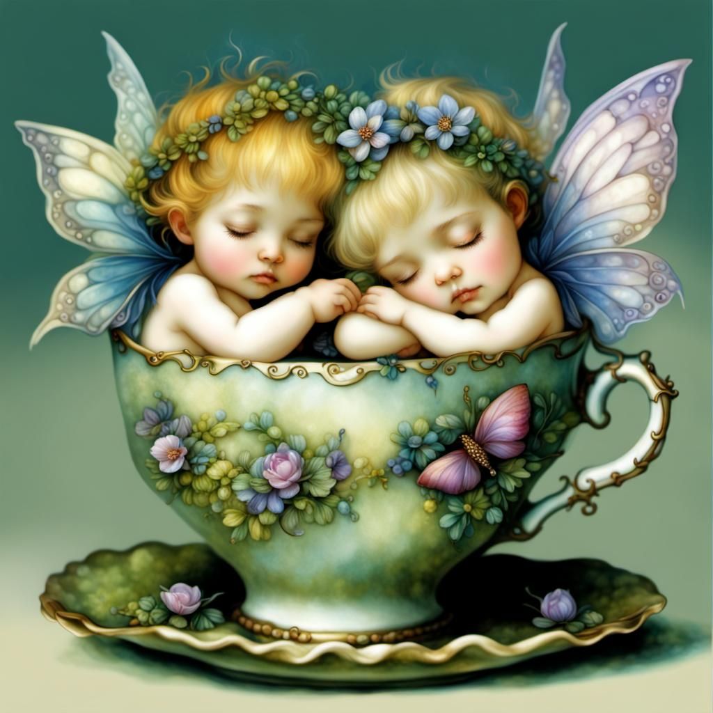 Chibi Fairies Dozing in Teacup, Dreamy Art