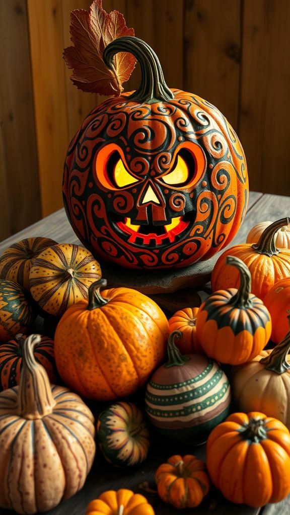 Ornate Jack-O'-Lantern and Colorful Gourds in Folk Art Style